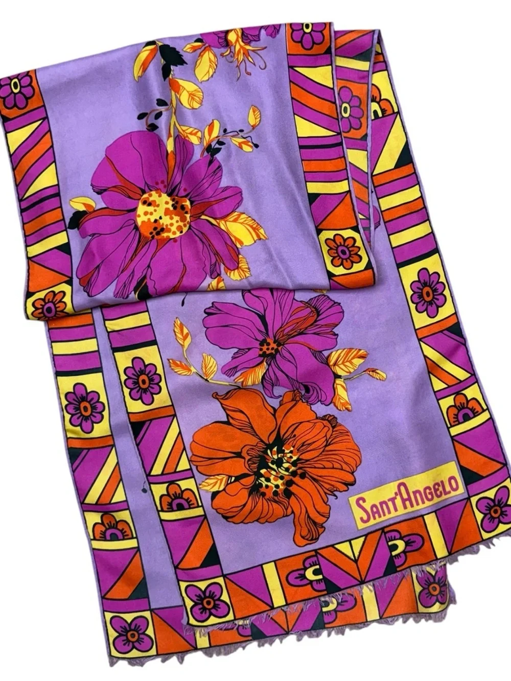 Sant’ Angelo Purple Floral Silk Scarf Luxury Vintage Mod 70s Tropical Floral